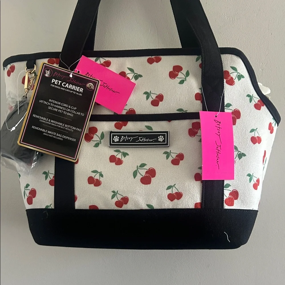 Betsey Johnson, Pet Carrier White Cherry Print Tote with Black Trim